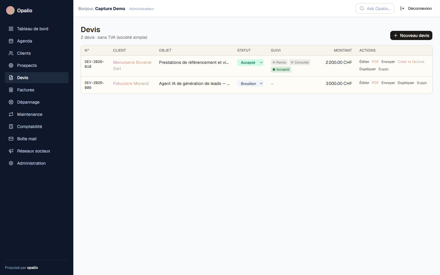 Liste des devis du CRM avec suivi d'envoi remis, consulté, accepté