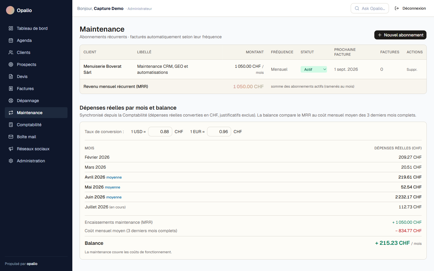 Module maintenance du CRM avec revenu mensuel récurrent et balance