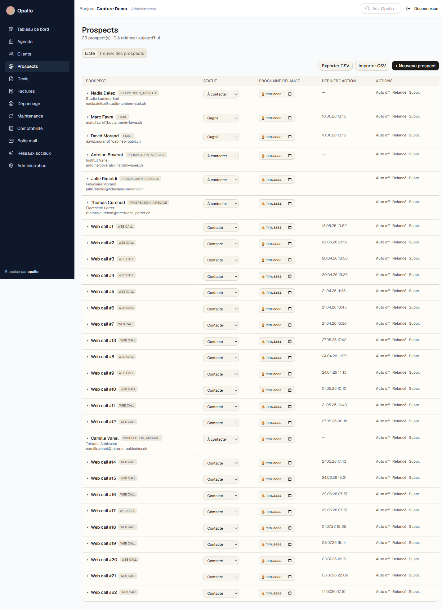 Pipeline de prospects du CRM Opalio avec statuts et relances